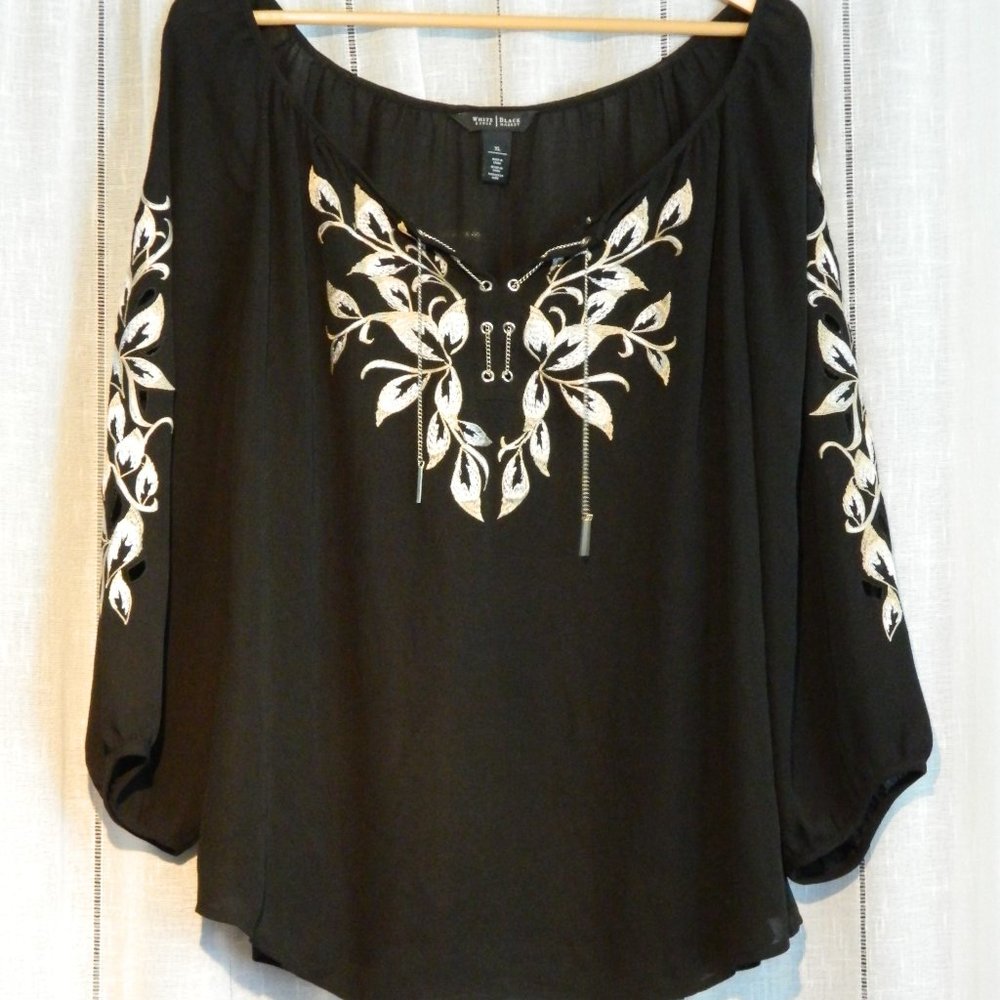 White House Black Market Embroidered Black Blouse with Metal Drawstring Size XL